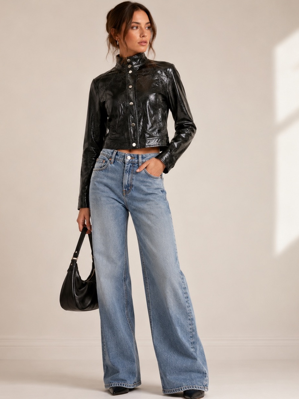 Maje Paris Black Cropped Patent Leather Moto Jacket Snap Front High Neck Size 4
